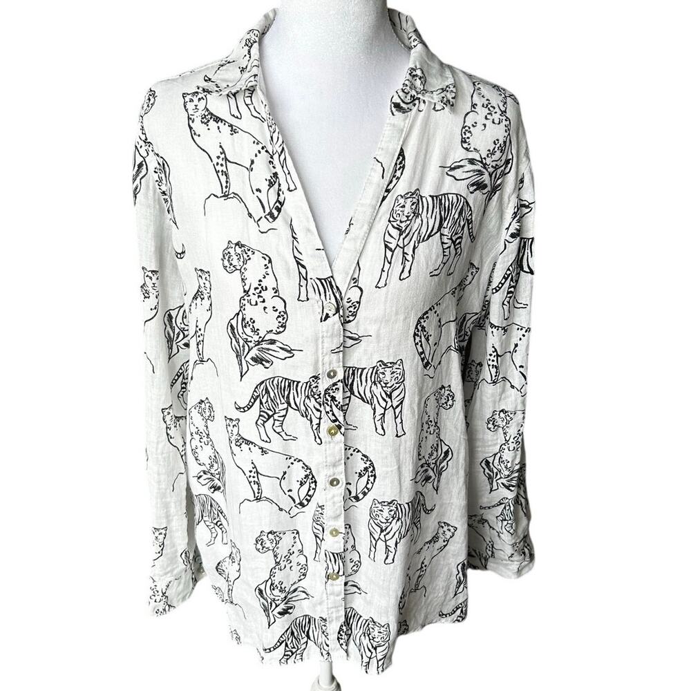Cynthia Rowley 100% Linen Black White Animal Leo Sketch Line Art Blouse Small